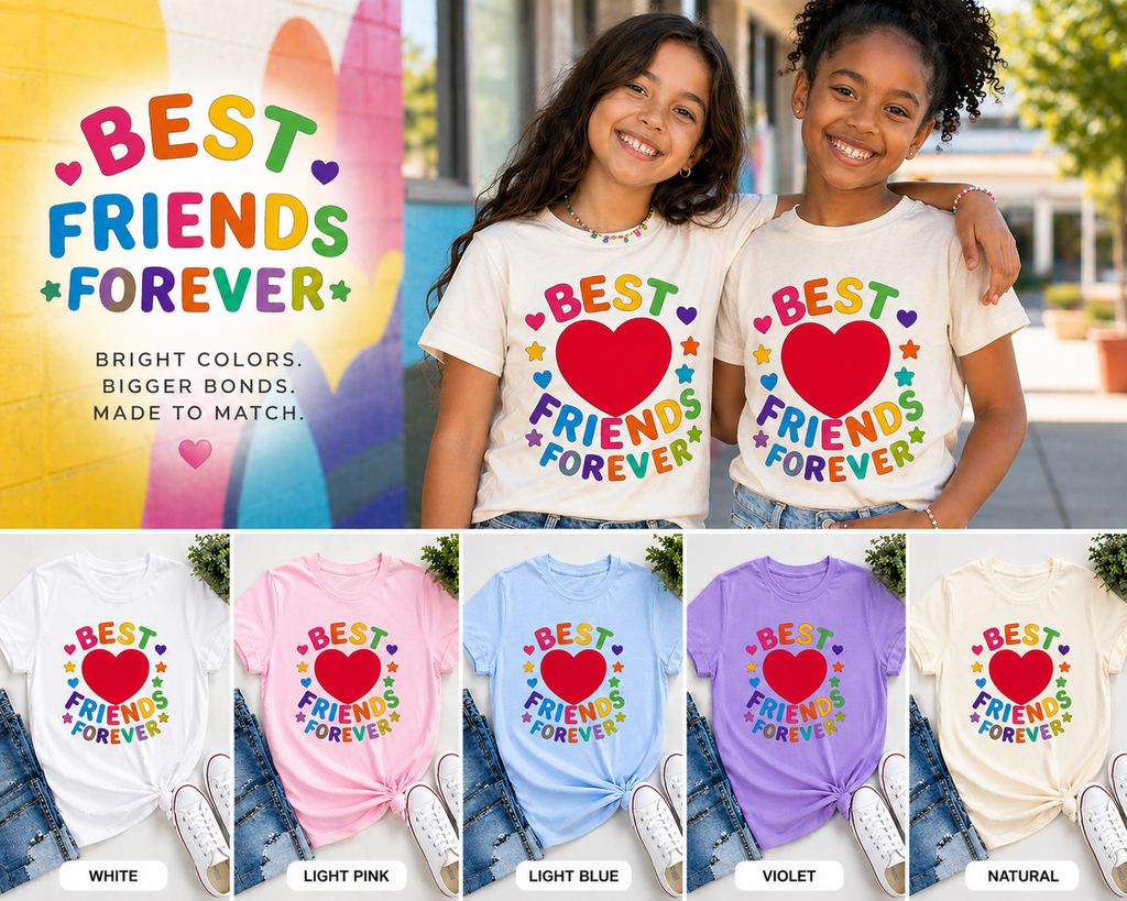 Best Friends Forever Heart Shirt | Colorful BFF Graphic Tee | Kids & Preteen Friendship Shirt | Cute Matching Bestie Outfit