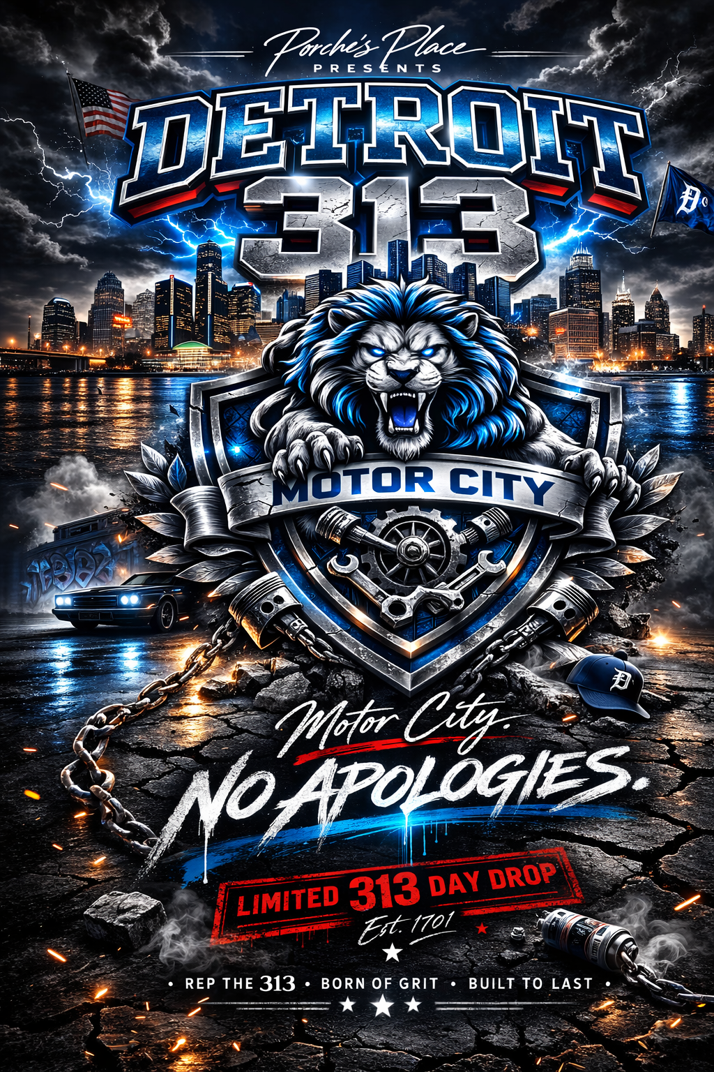 313 Day Drop – Detroit Streetwear Graphic – Lions Skyline Shirt – Unisex Urban Apparel