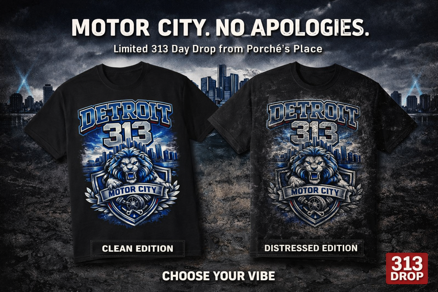 313 Day Drop – Detroit Streetwear Graphic – Lions Skyline Shirt – Unisex Urban Apparel