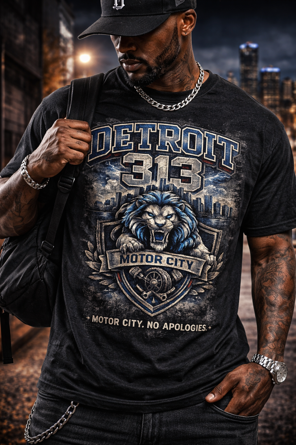 313 Day Drop – Detroit Streetwear Graphic – Lions Skyline Shirt – Unisex Urban Apparel