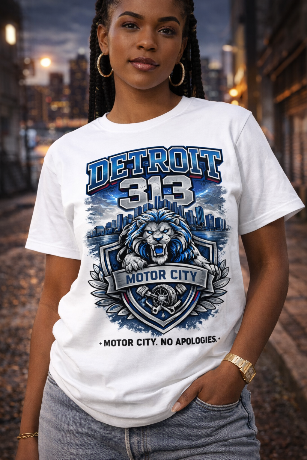 313 Day Drop – Detroit Streetwear Graphic – Lions Skyline Shirt – Unisex Urban Apparel
