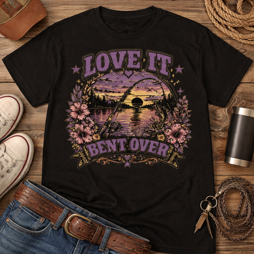 Love It Bent Over Fishing Shirt – Funny Fishing Shirt– Sunset Bass Graphic – Unisex Graphic Short