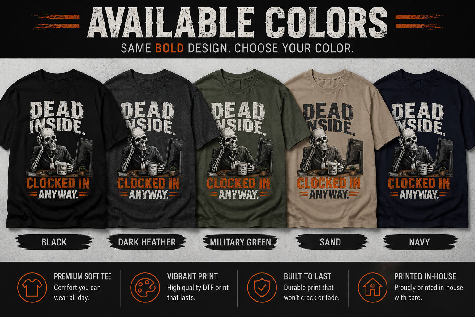 Dead Inside. Clocked In Anyway. | Funny Skeleton Office Shirt | Premium Unisex Tee