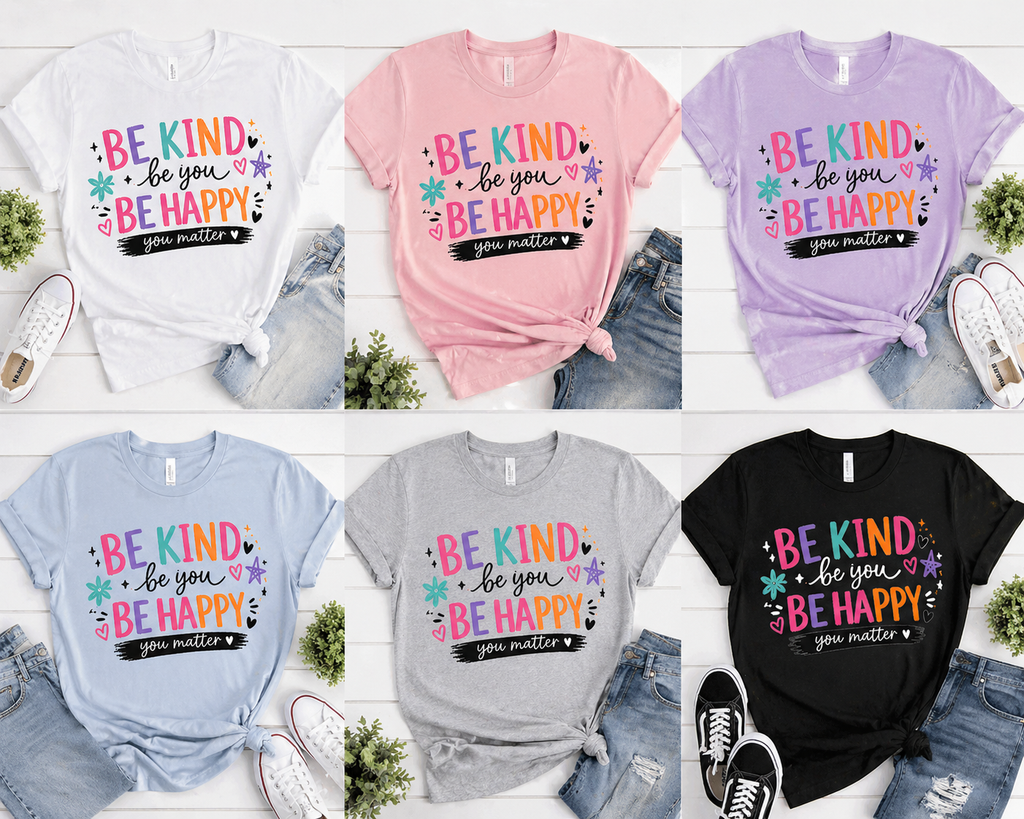 Be Kind Be You Be Happy Shirt – Positive Affirmation Tee | Women’s Graphic T-Shirt | Girls Kindness Shirt | You Matter Tee