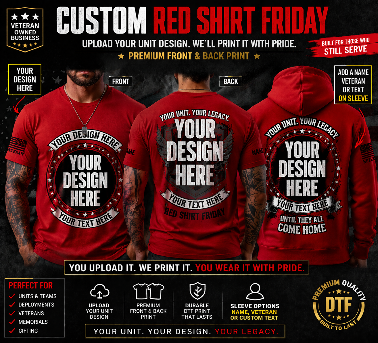 Custom Red Shirt Friday Unit Design T-Shirt | Front & Back Print, Sleeve Text Option