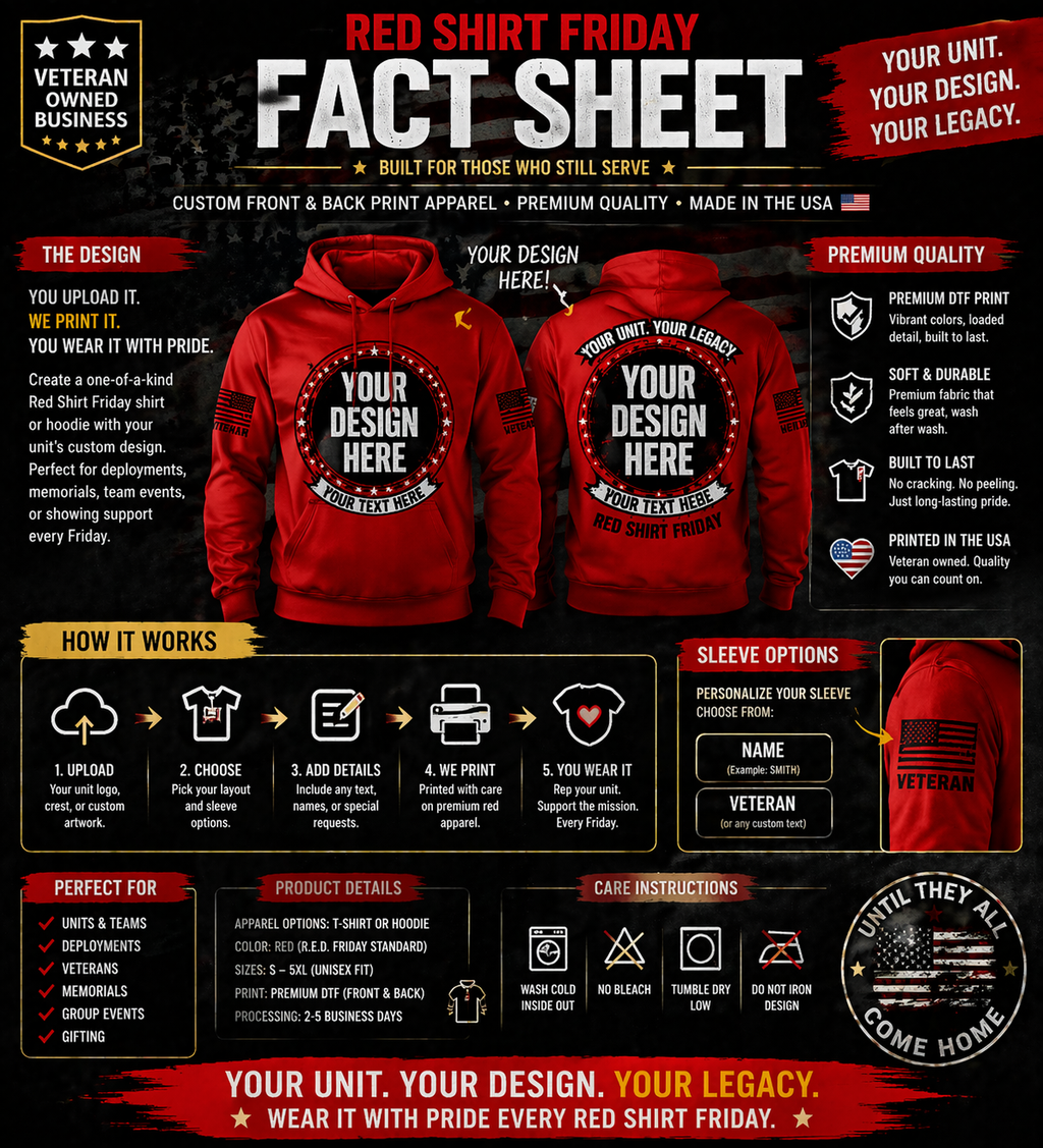 Custom Red Shirt Friday Unit Design T-Shirt | Front & Back Print, Sleeve Text Option