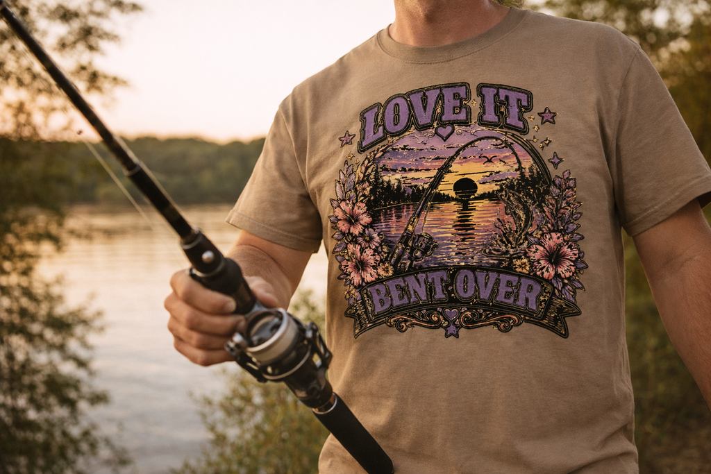 Love It Bent Over Fishing Shirt – Funny Fishing Shirt– Sunset Bass Graphic – Unisex Graphic Short