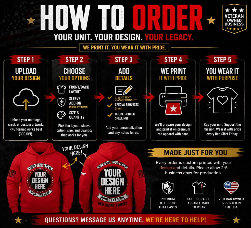 Custom Red Shirt Friday Unit Design T-Shirt | Front & Back Print, Sleeve Text Option