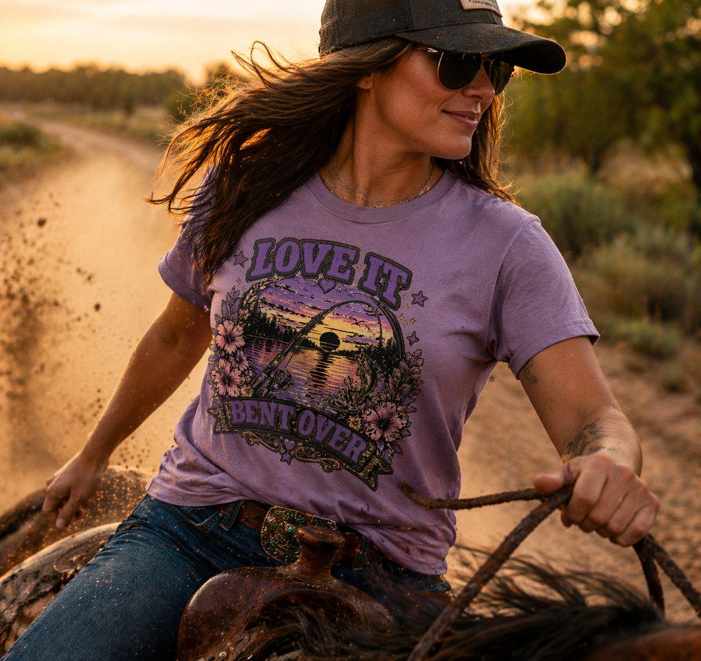 Love It Bent Over Fishing Shirt – Funny Fishing Shirt– Sunset Bass Graphic – Unisex Graphic Short