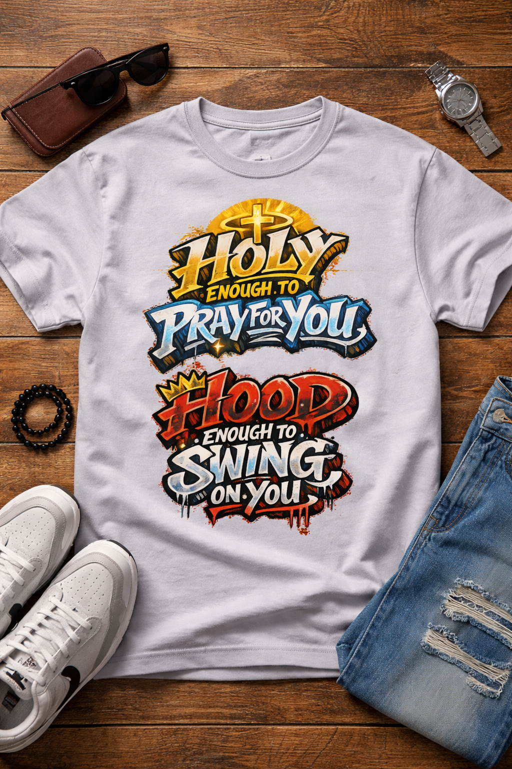 Holy Enough to Pray for You Hood Enough to Swing on You Shirt, Christian Streetwear Hoodie, Faith and Attitude Graphic Tee, Urban Faith Apparel