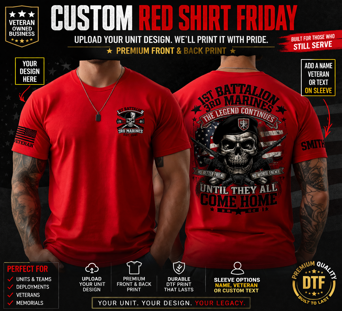 Custom Red Shirt Friday Unit Design T-Shirt | Front & Back Print, Sleeve Text Option