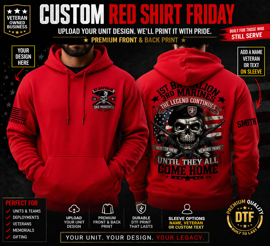 Custom Red Shirt Friday Unit Design T-Shirt | Front & Back Print, Sleeve Text Option