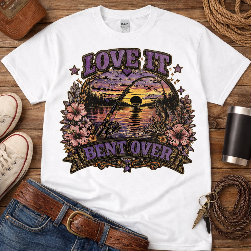 Love It Bent Over Fishing Shirt – Funny Fishing Shirt– Sunset Bass Graphic – Unisex Graphic Short
